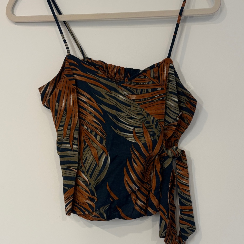 NATURA Spaghetti Strap Wrap Cami Top in Navy with Rust Leaf Print